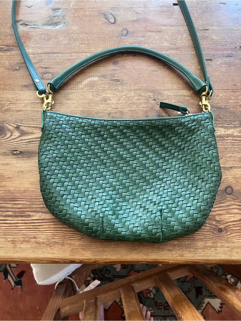 Clare V Woven Leather Shoulder Bag in Forest Green with Gold Hardware